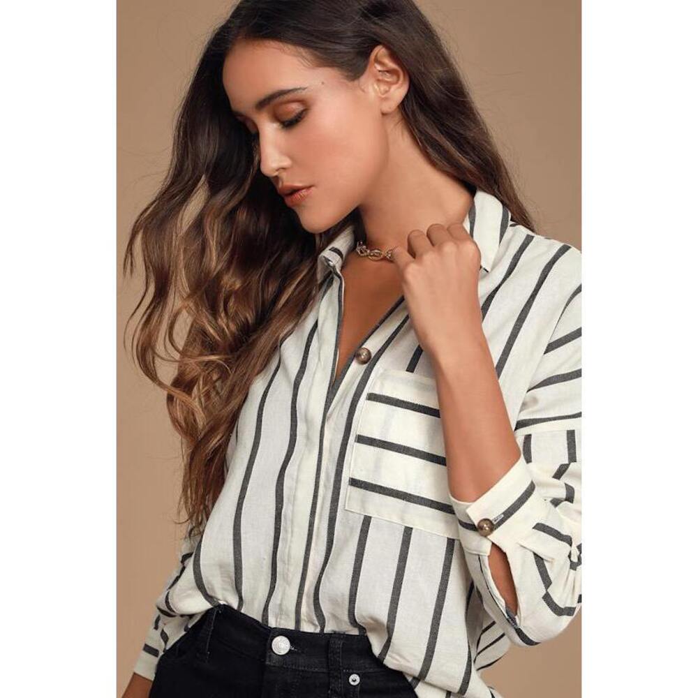 Lulus Amelia Dawn Off-white Striped Long Sleeve Button-up Top - Size L